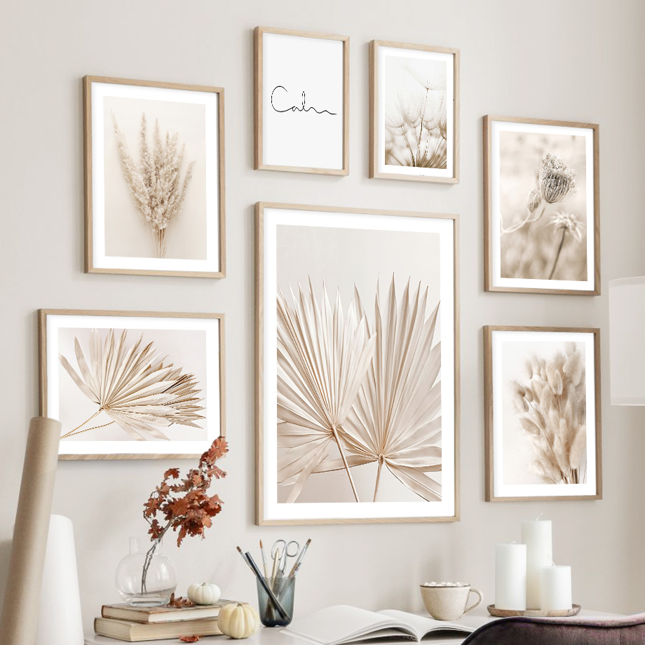 Neutral Beige Boho Wall Art Mu - Palm Leaf Dried ulasan dan harga